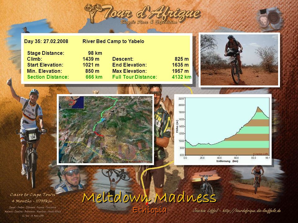 Meltdown Madness Ethiopia Day 35: River Bed Camp to Yabelo Stage Distance: 98 km Climb: 1439 mDescent: 825 m Start Elevation: 1021 mEnd Elevation:1635 m Min.