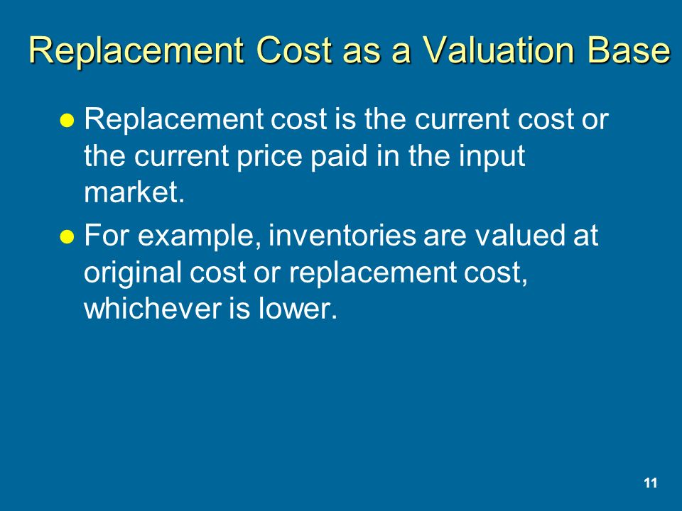 11 Replacement Cost as a Valuation Base Replacement cost is the current cost or the current price paid in the input market.