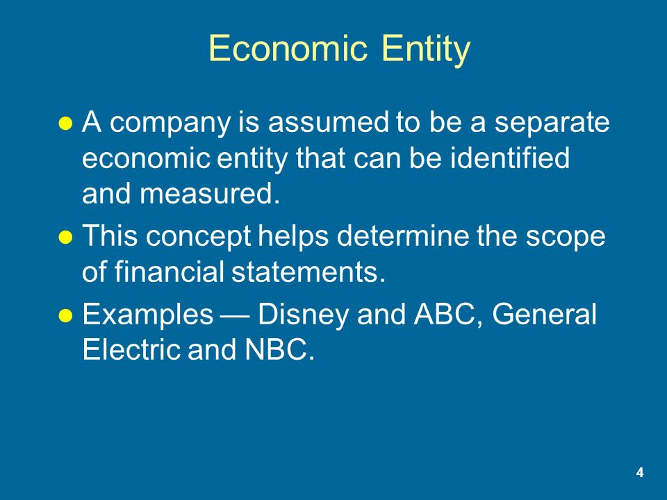 4 Economic Entity A company is assumed to be a separate economic entity that can be identified and measured.
