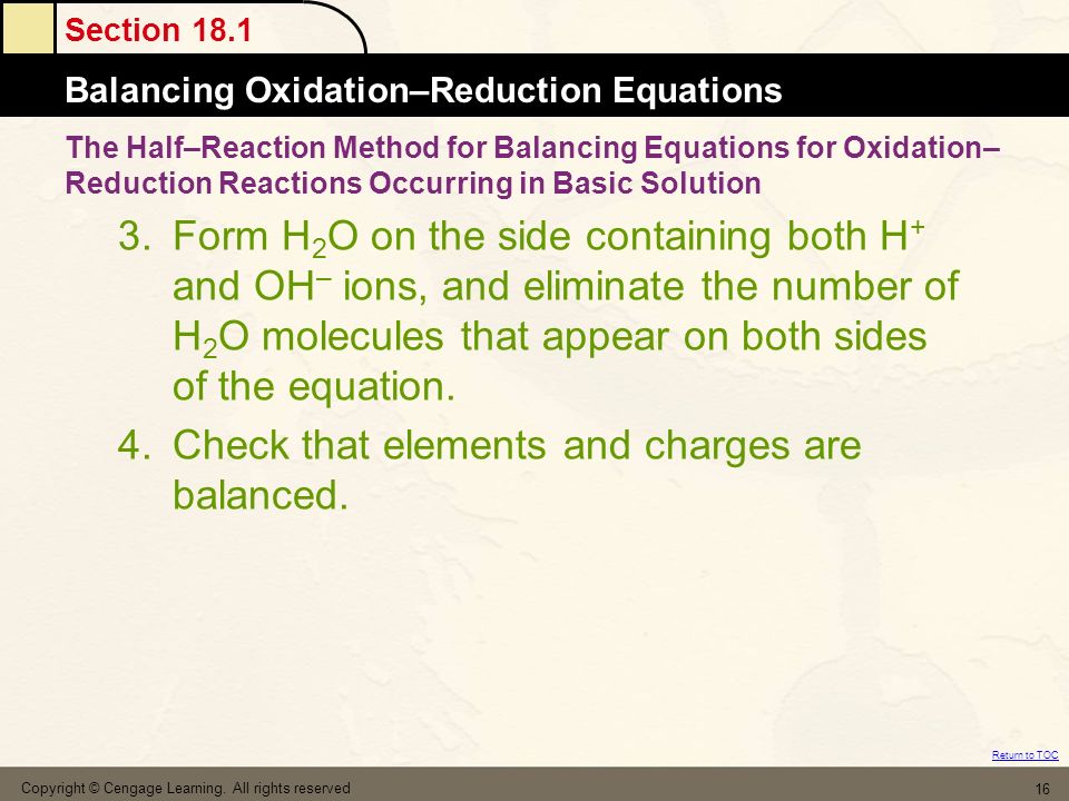 Chapter 18 Electrochemistry Table Of Contents Section 18 1 Balancing Oxidation Reduction Equations Return To Toc Copyright Cene Learning