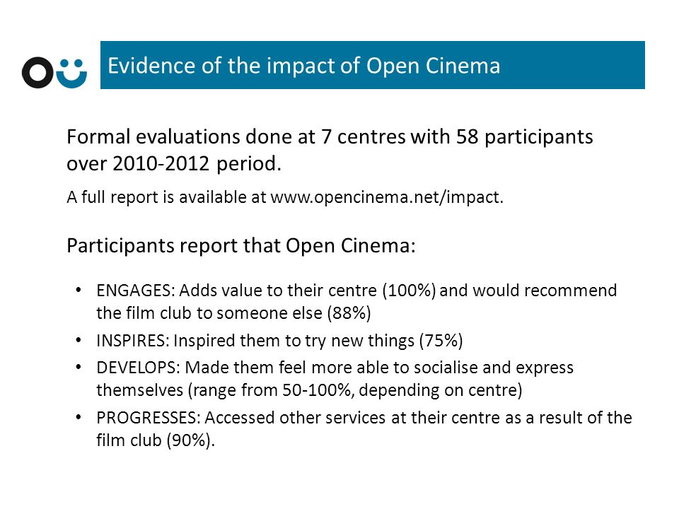 Evidence of the impact of Open Cinema Formal evaluations done at 7 centres with 58 participants over period.
