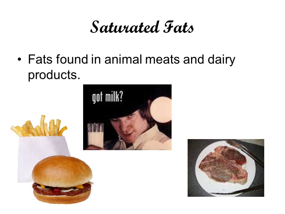 Saturated Fats Fats found in animal meats and dairy products.