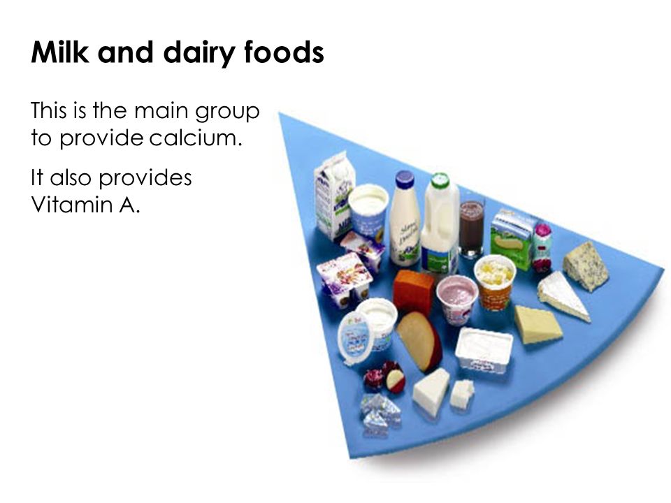 Milk and dairy foods This is the main group to provide calcium. It also provides Vitamin A.