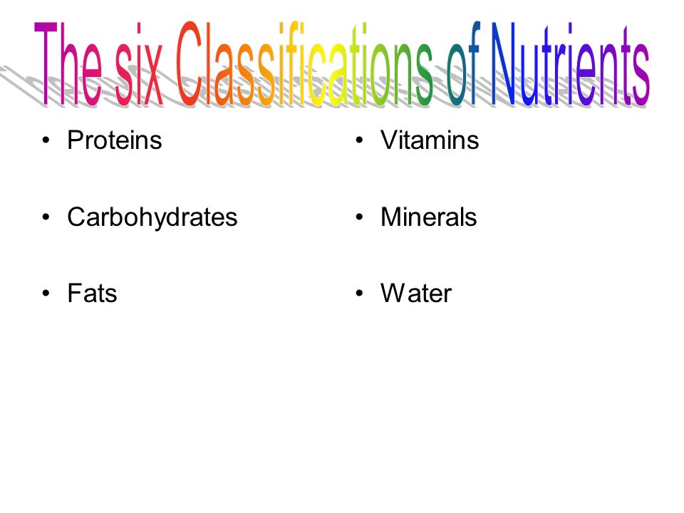 Proteins Carbohydrates Fats Vitamins Minerals Water
