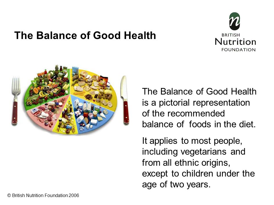 The Balance of Good Health is a pictorial representation of the recommended balance of foods in the diet.