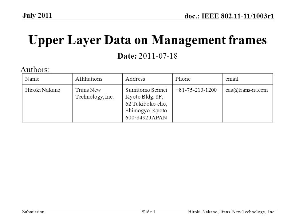 Submission doc.: IEEE /1003r1 July 2011 Hiroki Nakano, Trans New Technology, Inc.Slide 1 Upper Layer Data on Management frames Date: Authors: NameAffiliationsAddressPhone Hiroki NakanoTrans New Technology, Inc.