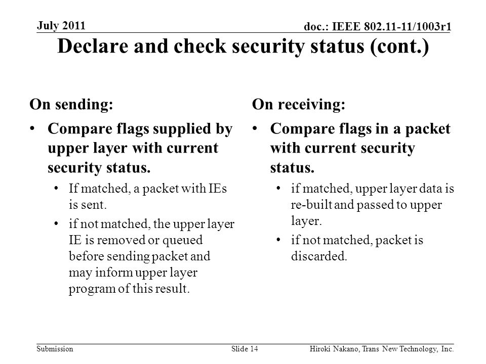 Submission doc.: IEEE /1003r1 Declare and check security status (cont.) On sending: Compare flags supplied by upper layer with current security status.