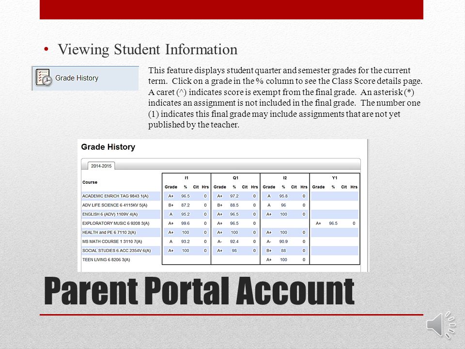 Parent Portal Account Viewing Student Information To view assignment details, click a grade in the term column.
