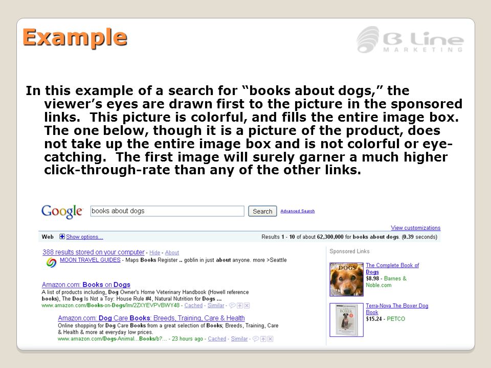 Example In this example of a search for books about dogs, the viewer’s eyes are drawn first to the picture in the sponsored links.