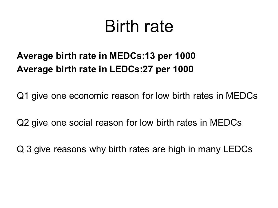 Birth rate Average birth rate in MEDCs:13 per 1000 Average birth rate in LEDCs:27 per 1000 Q1 give one economic reason for low birth rates in MEDCs Q2 give one social reason for low birth rates in MEDCs Q 3 give reasons why birth rates are high in many LEDCs