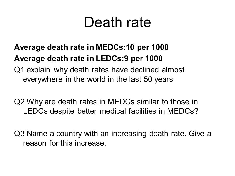 Death rate Average death rate in MEDCs:10 per 1000 Average death rate in LEDCs:9 per 1000 Q1 explain why death rates have declined almost everywhere in the world in the last 50 years Q2 Why are death rates in MEDCs similar to those in LEDCs despite better medical facilities in MEDCs.