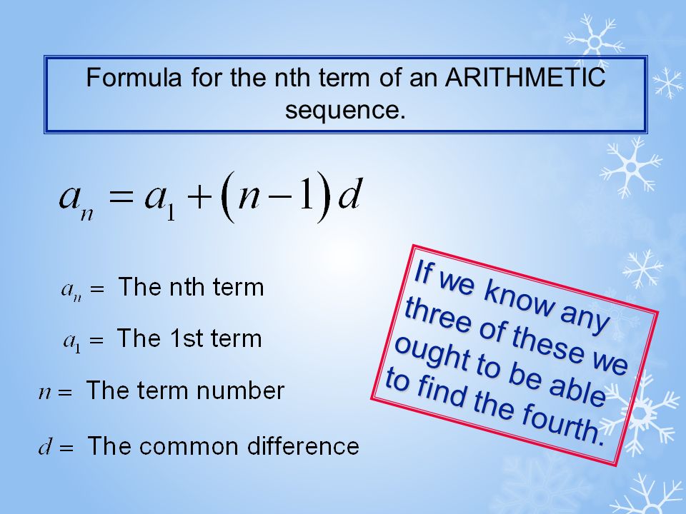 Formula for the nth term of an ARITHMETIC sequence.