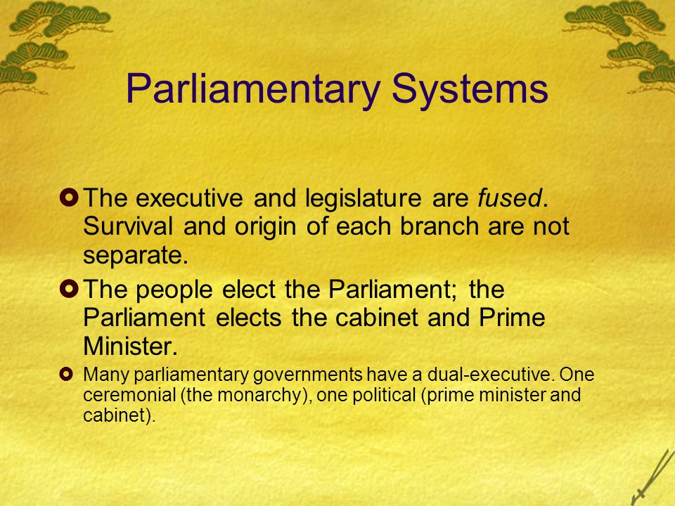 Parliamentary Systems  The executive and legislature are fused.