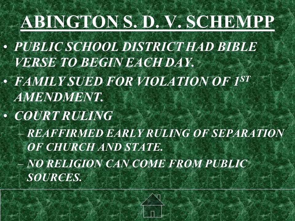 ABINGTON S. D. V. SCHEMPP PUBLIC SCHOOL DISTRICT HAD BIBLE VERSE TO BEGIN EACH DAY.