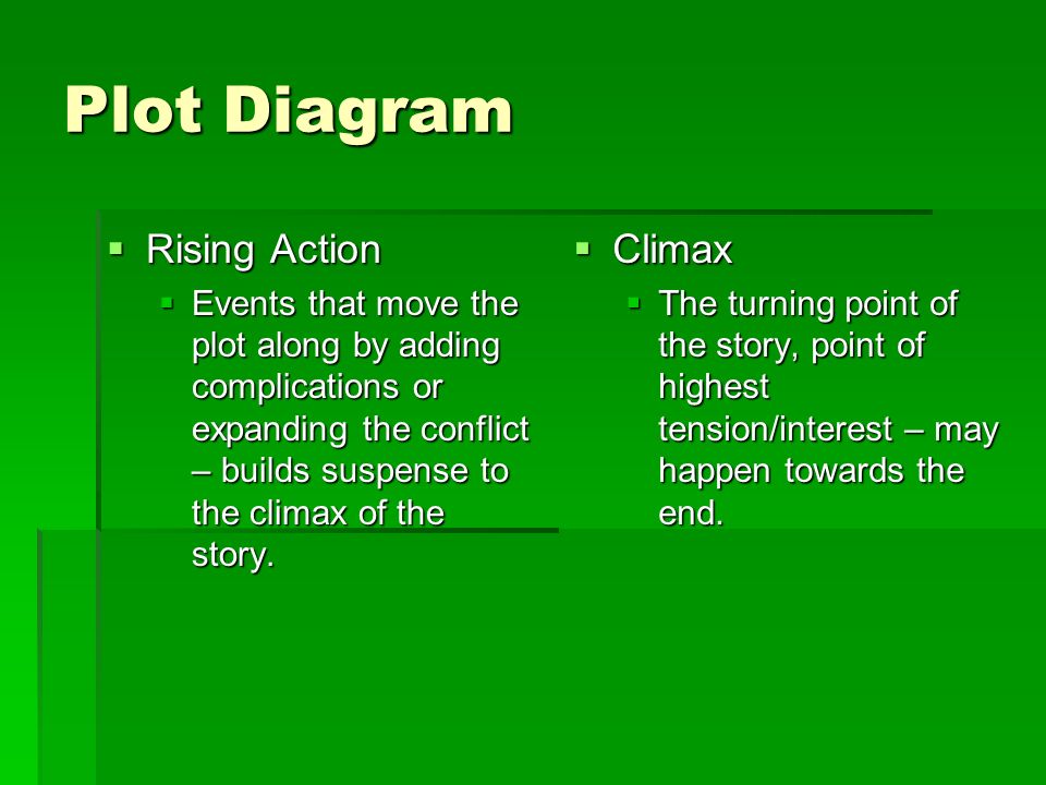 Plot Diagram  Rising Action  Events that move the plot along by adding complications or expanding the conflict – builds suspense to the climax of the story.