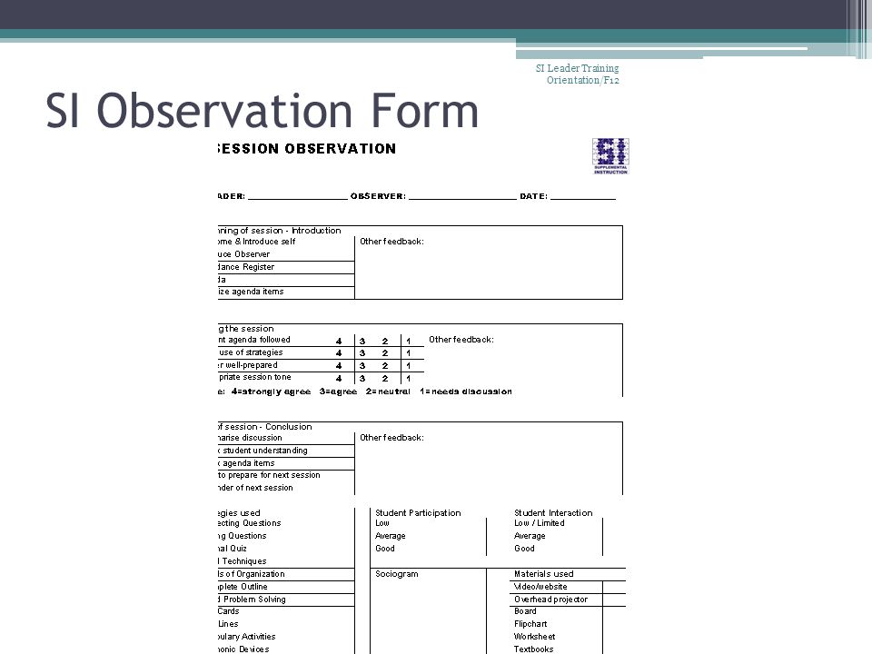 SI Observation Form SI Leader Training Orientation/F12