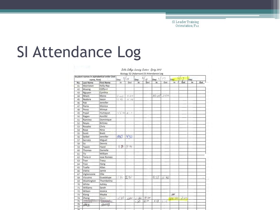 SI Attendance Log SI Leader Training Orientation/F12