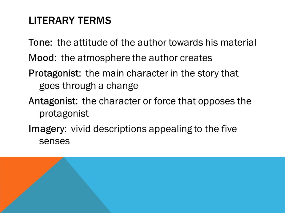 LITERARY TERMS Tone: the attitude of the author towards his material Mood: the atmosphere the author creates Protagonist: the main character in the story that goes through a change Antagonist: the character or force that opposes the protagonist Imagery: vivid descriptions appealing to the five senses