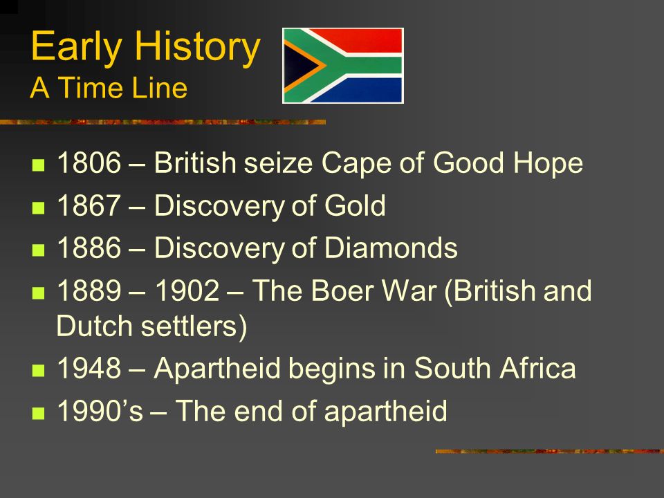 Early History A Time Line 1806 – British seize Cape of Good Hope 1867 – Discovery of Gold 1886 – Discovery of Diamonds 1889 – 1902 – The Boer War (British and Dutch settlers) 1948 – Apartheid begins in South Africa 1990’s – The end of apartheid