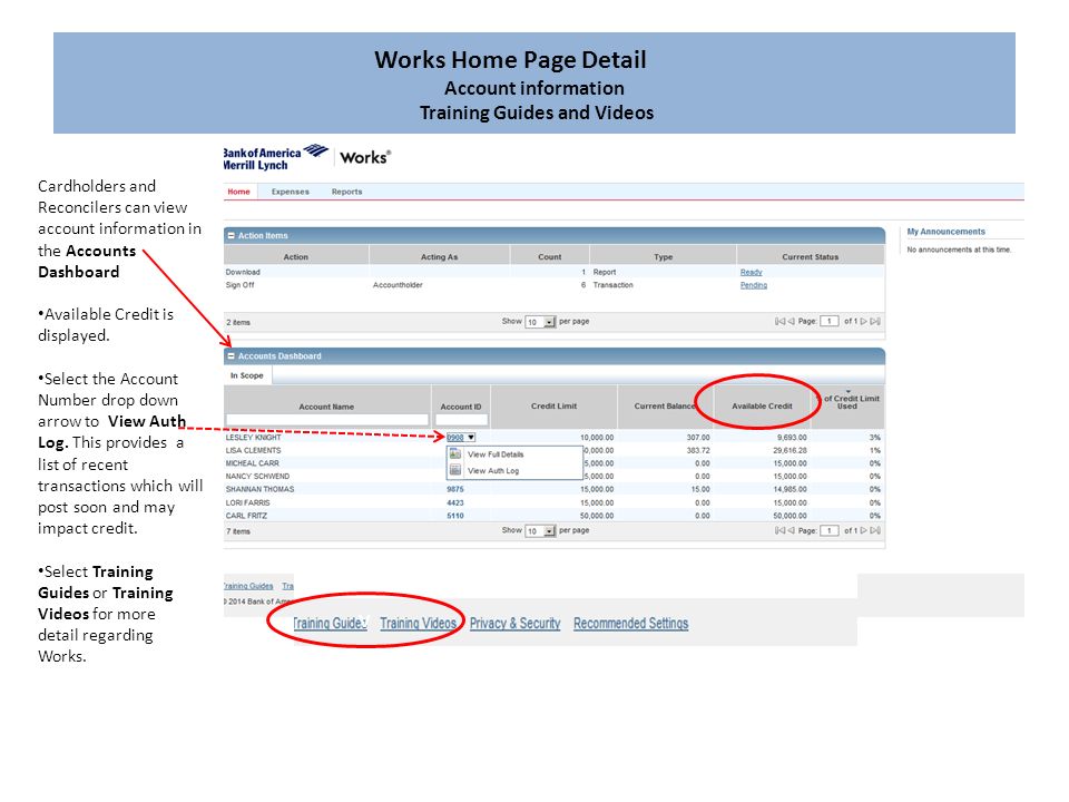 Works Home Page Detail Account information Training Guides and Videos Cardholders and Reconcilers can view account information in the Accounts Dashboard Available Credit is displayed.