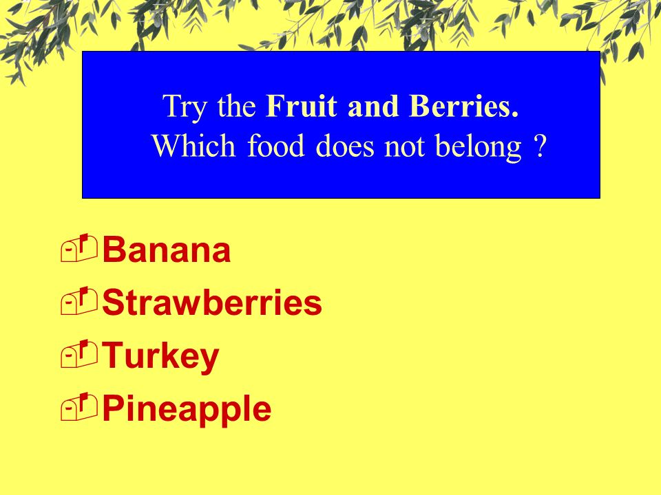 Try the Fruit and Berries. Which food does not belong .