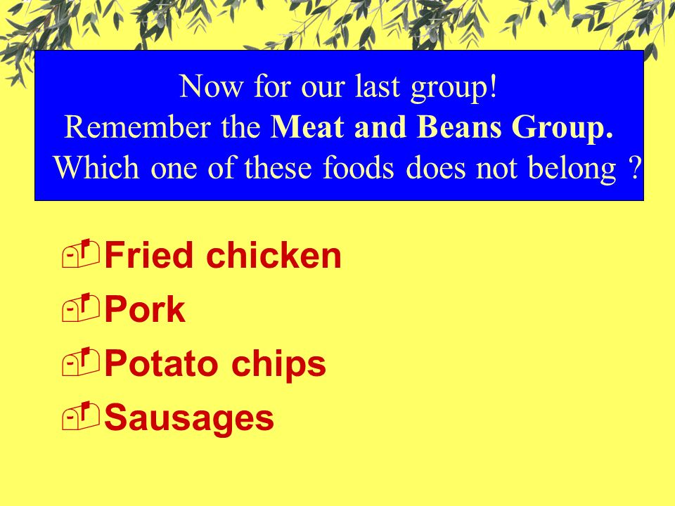 Now for our last group. Remember the Meat and Beans Group.