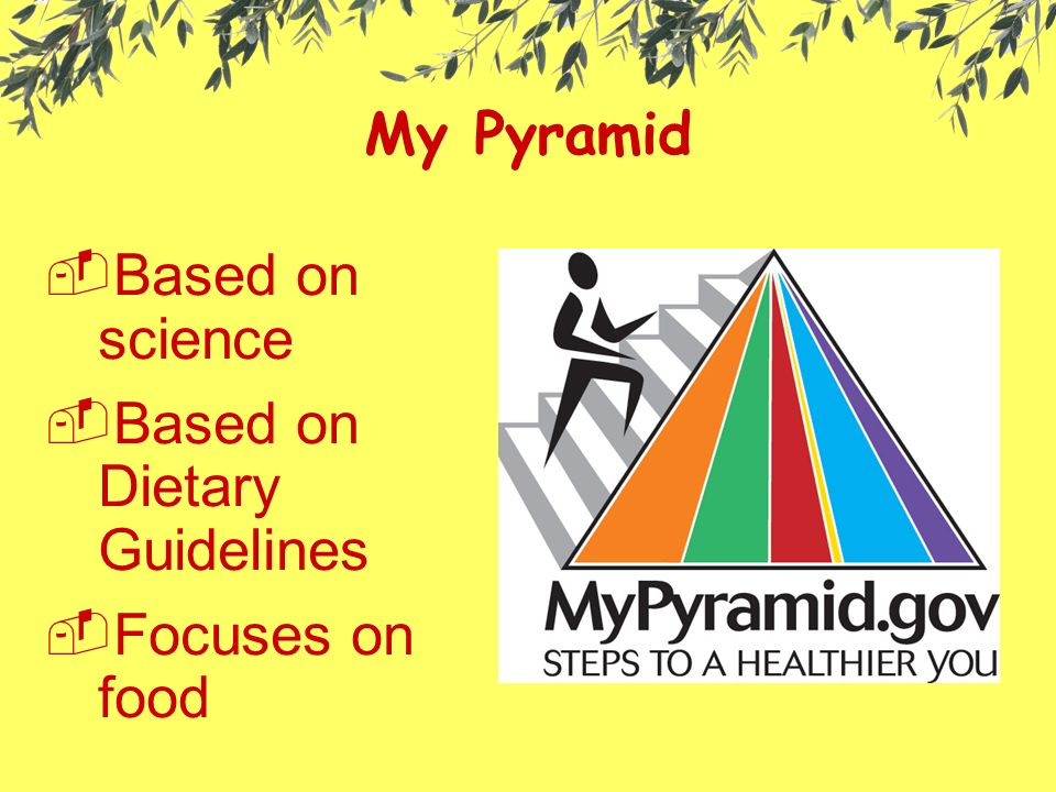 My Pyramid  Based on science  Based on Dietary Guidelines  Focuses on food