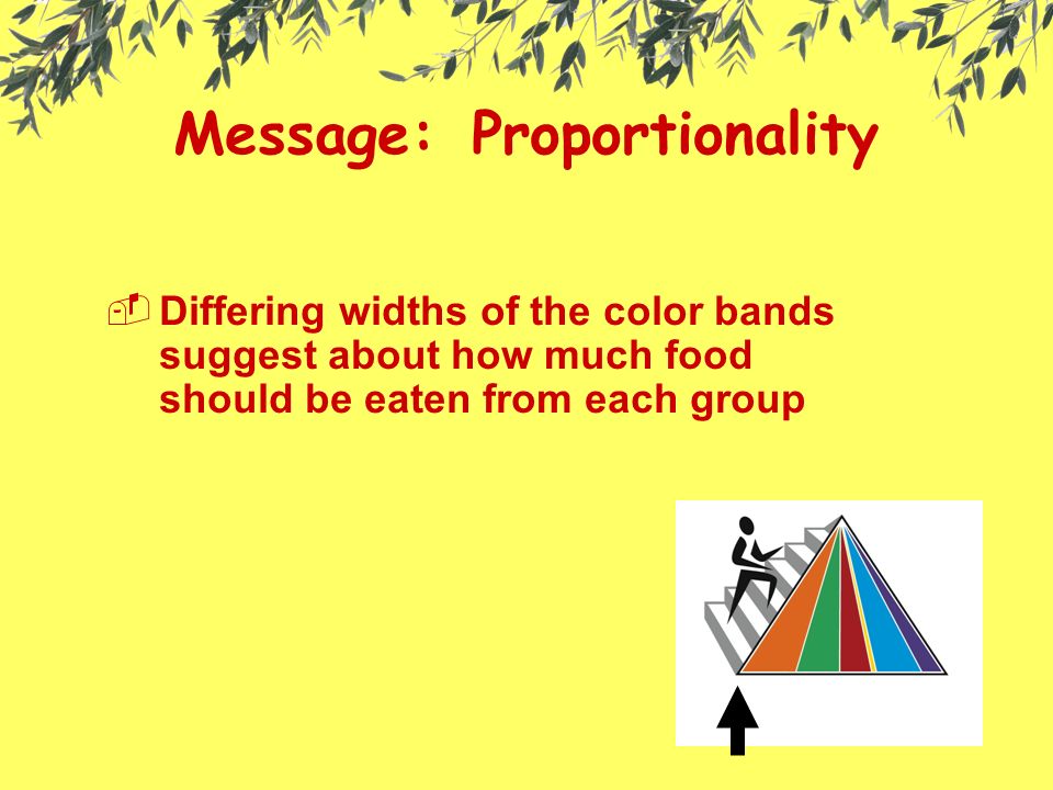 Message: Proportionality  Differing widths of the color bands suggest about how much food should be eaten from each group