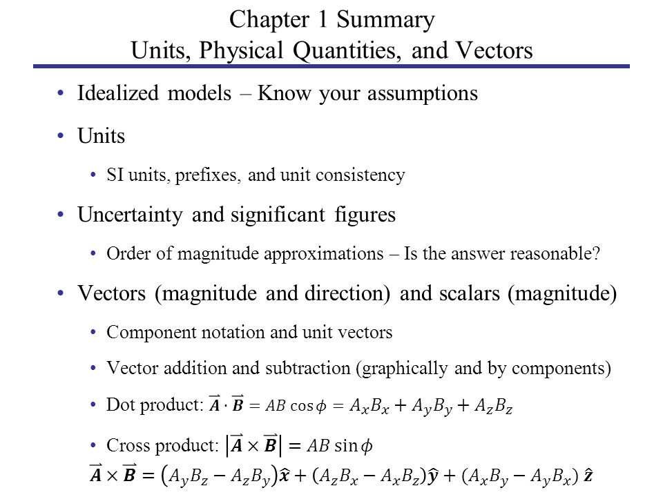 Chapter 1 Summary Units, Physical Quantities, and Vectors