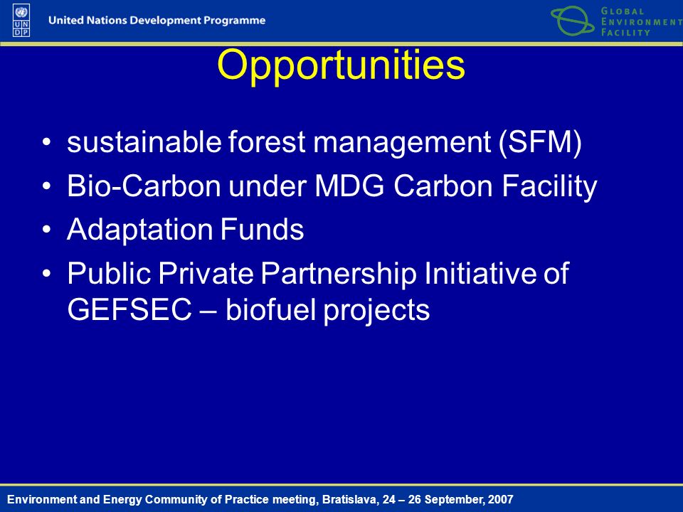 Environment and Energy Community of Practice meeting, Bratislava, 24 – 26 September, 2007 Opportunities sustainable forest management (SFM) Bio-Carbon under MDG Carbon Facility Adaptation Funds Public Private Partnership Initiative of GEFSEC – biofuel projects