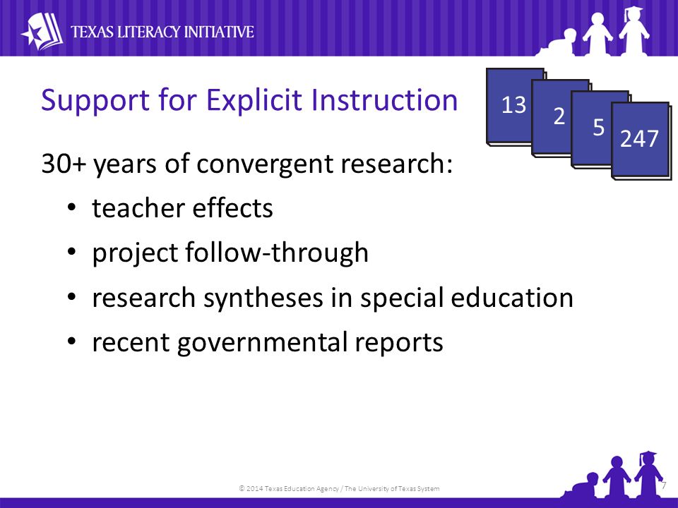 © 2014 Texas Education Agency / The University of Texas System Support for Explicit Instruction 30+ years of convergent research: teacher effects project follow-through research syntheses in special education recent governmental reports