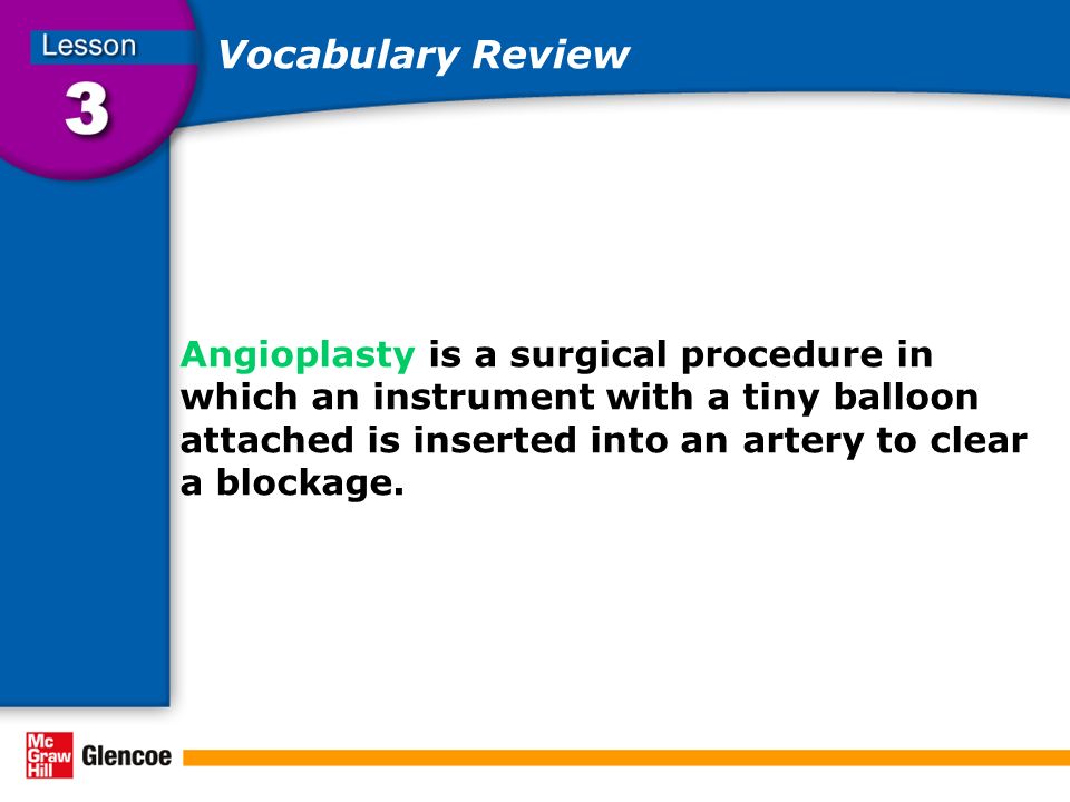 Vocabulary Review Angioplasty is a surgical procedure in which an instrument with a tiny balloon attached is inserted into an artery to clear a blockage.