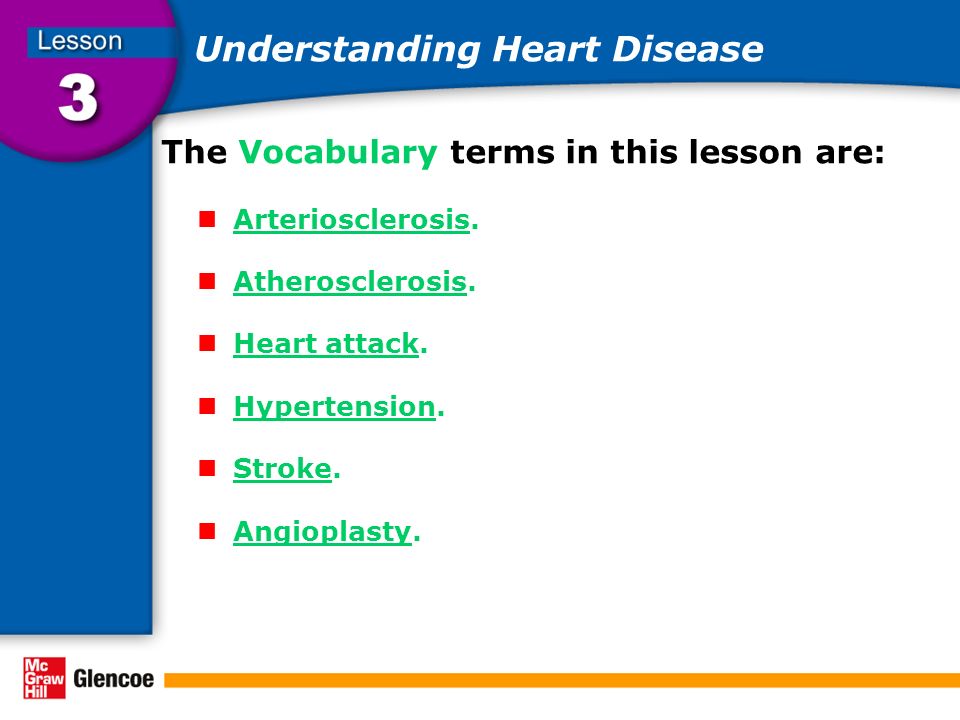 Understanding Heart Disease The Vocabulary terms in this lesson are: Arteriosclerosis.