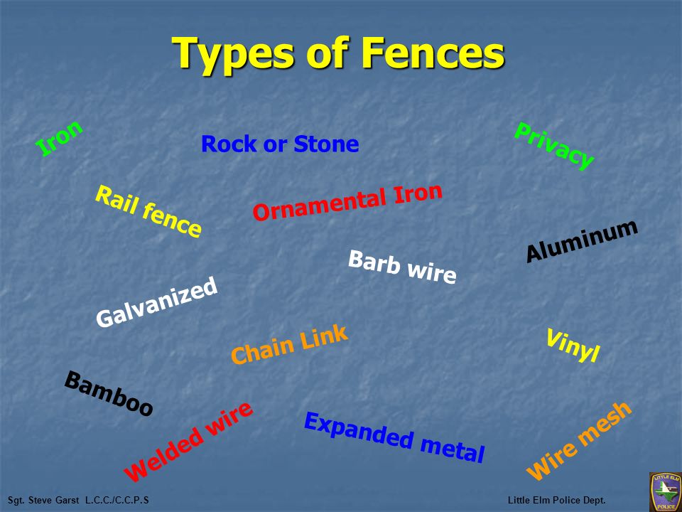 Types of Fences Iron Privacy Wire mesh Rock or Stone Rail fence Ornamental Iron Welded wire Barb wire Aluminum Vinyl Galvanized Chain Link Bamboo Expanded metal Sgt.