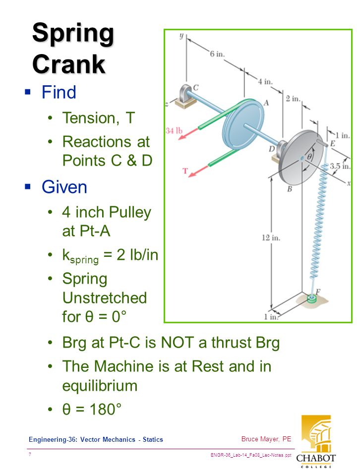 ENGR-36_Lab-14_Fa08_Lec-Notes.ppt 7 Bruce Mayer, PE Engineering-36: Vector Mechanics - Statics Spring Crank  Find Tension, T Reactions at Points C & D  Given 4 inch Pulley at Pt-A k spring = 2 lb/in Spring Unstretched for θ = 0° Brg at Pt-C is NOT a thrust Brg The Machine is at Rest and in equilibrium θ = 180°