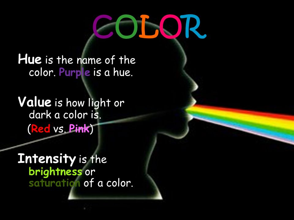 COLORCOLOR Hue is the name of the color. Purple is a hue.