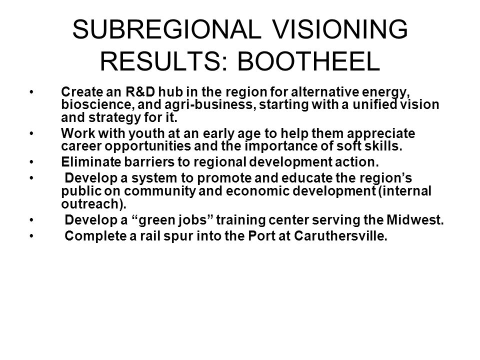 SUBREGIONAL VISIONING RESULTS: BOOTHEEL Create an R&D hub in the region for alternative energy, bioscience, and agri-business, starting with a unified vision and strategy for it.