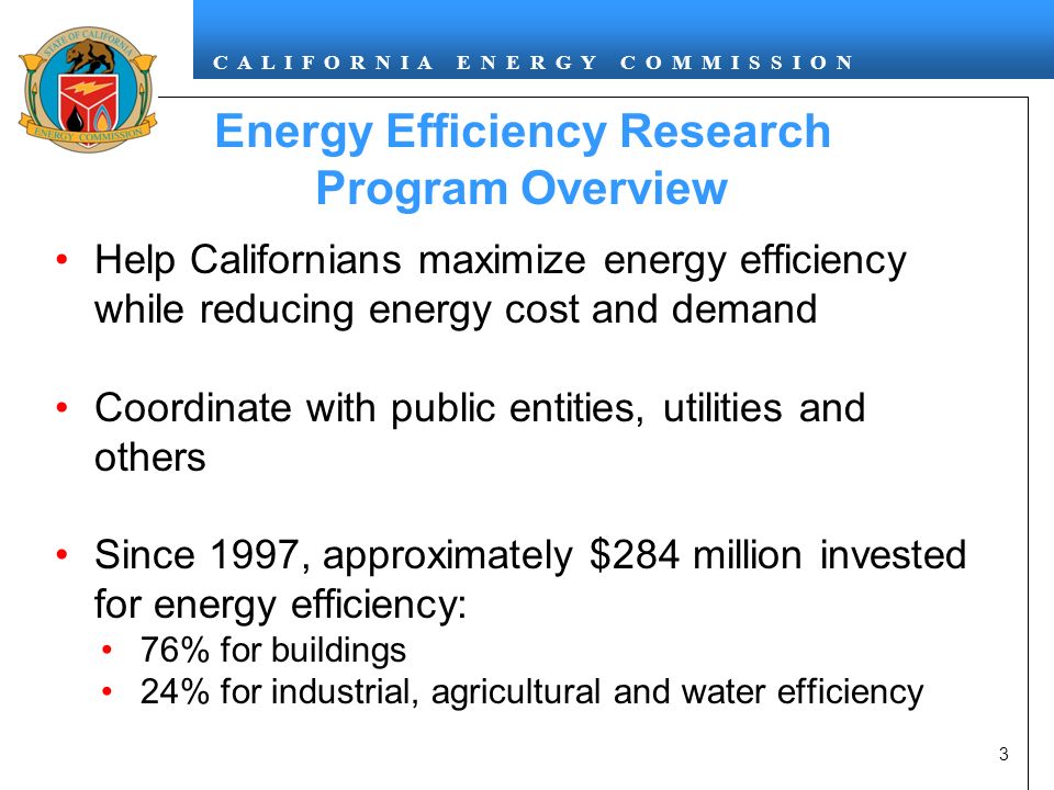 C A L I F O R N I A E N E R G Y C O M M I S S I O N Energy Efficiency Research Program Overview Help Californians maximize energy efficiency while reducing energy cost and demand Coordinate with public entities, utilities and others Since 1997, approximately $284 million invested for energy efficiency: 76% for buildings 24% for industrial, agricultural and water efficiency 3