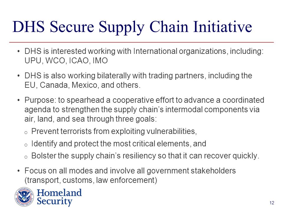 Presenter’s Name June 17, 2003 DHS Secure Supply Chain Initiative DHS is interested working with International organizations, including: UPU, WCO, ICAO, IMO DHS is also working bilaterally with trading partners, including the EU, Canada, Mexico, and others.