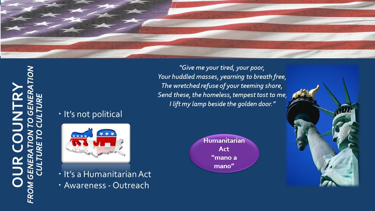 Give me your tired, your poor, Your huddled masses, yearning to breath free, The wretched refuse of your teeming shore, Send these, the homeless, tempest tost to me, I lift my lamp beside the golden door.  It’s not political  It’s a Humanitarian Act  Awareness - Outreach OUR COUNTRY FROM GENERATION TO GENERATION CULTURE TO CULTURE Humanitarian Act mano a mano Humanitarian Act mano a mano