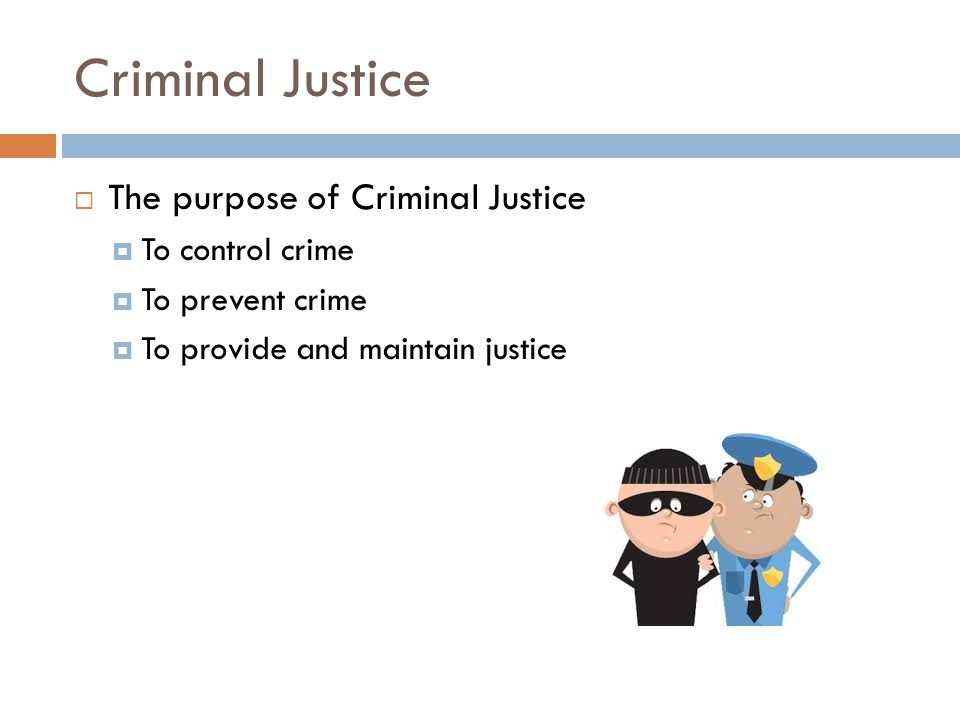 Criminal Justice  The purpose of Criminal Justice  To control crime  To prevent crime  To provide and maintain justice