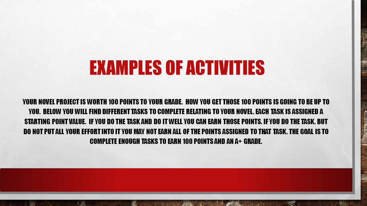 EXAMPLES OF ACTIVITIES YOUR NOVEL PROJECT IS WORTH 100 POINTS TO YOUR GRADE.