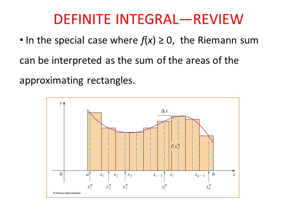 In the special case where f(x) ≥ 0, the Riemann sum can be interpreted as the sum of the areas of the approximating rectangles.