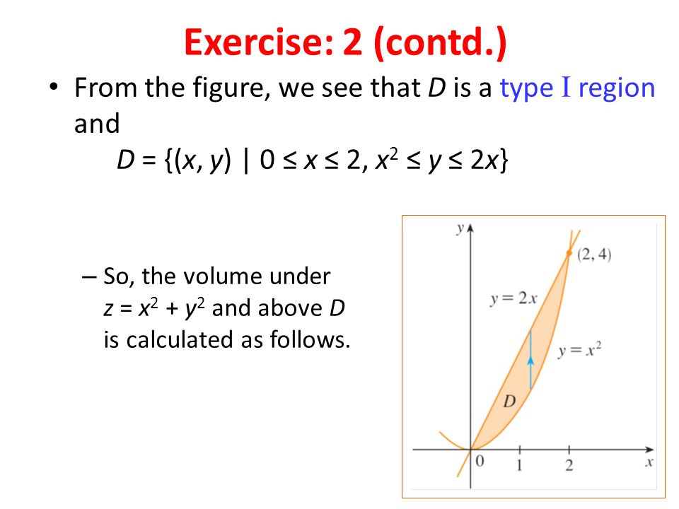 From the figure, we see that D is a type I region and D = {(x, y) | 0 ≤ x ≤ 2, x 2 ≤ y ≤ 2x} – So, the volume under z = x 2 + y 2 and above D is calculated as follows.
