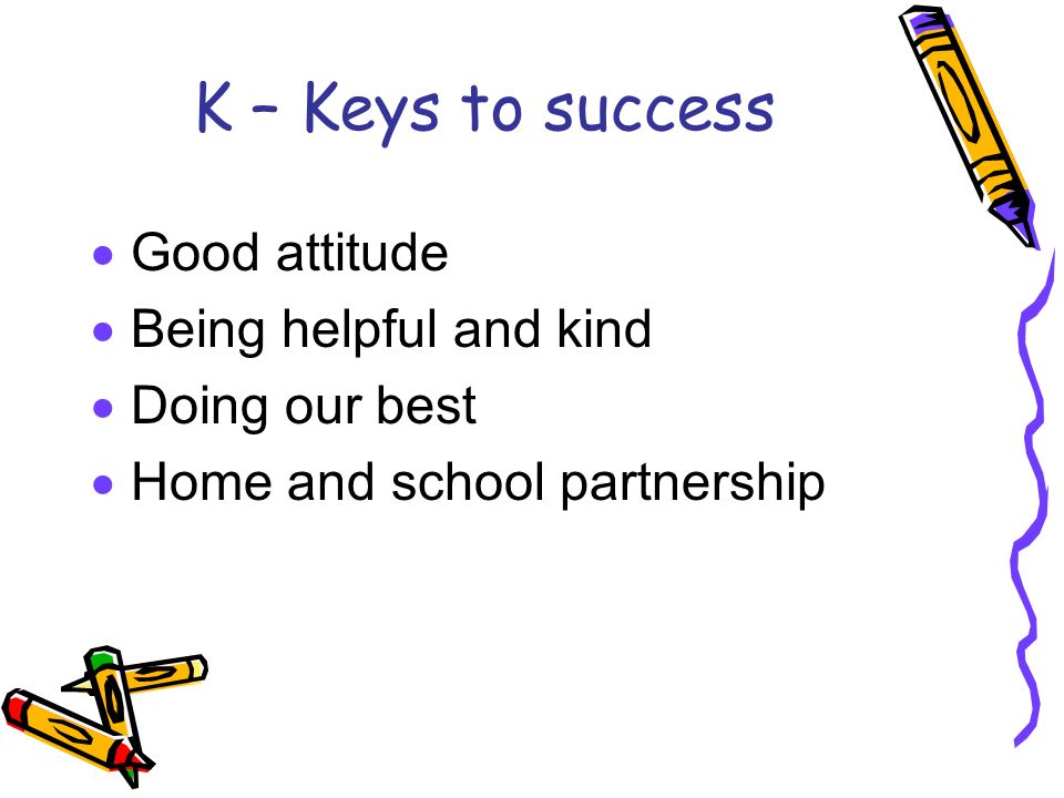 K – Keys to success  Good attitude  Being helpful and kind  Doing our best  Home and school partnership