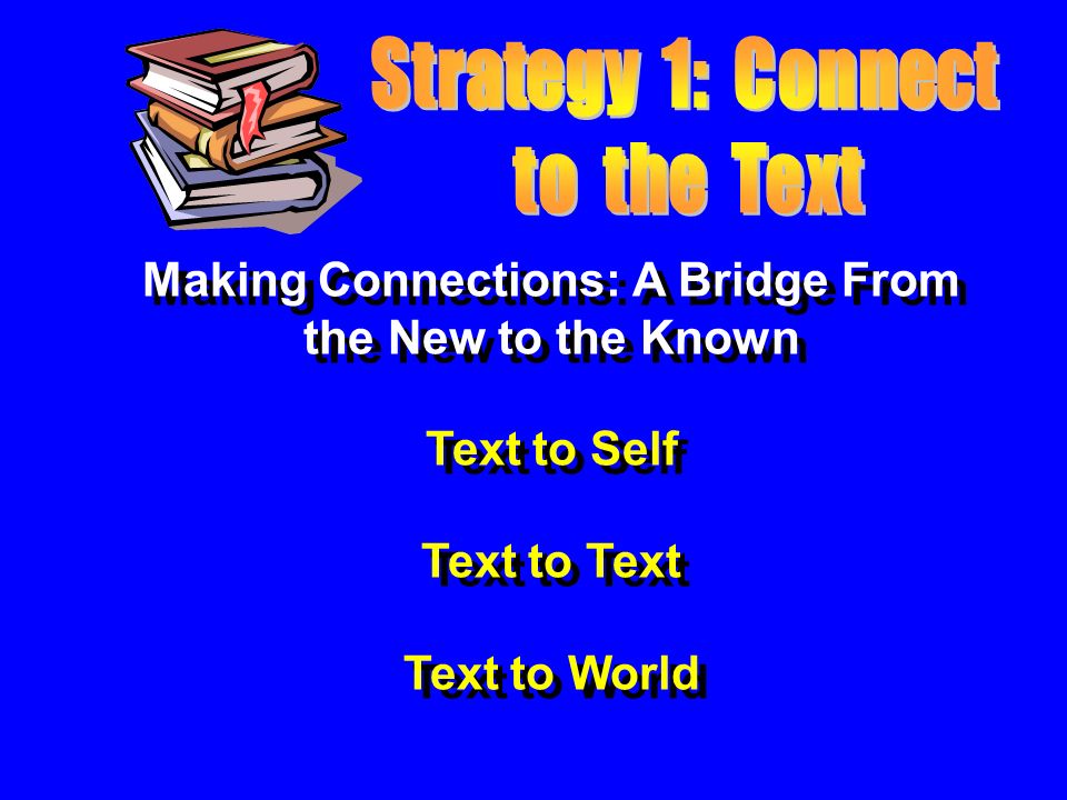 Making Connections: A Bridge From the New to the Known Text to Self Text to Text Text to World Making Connections: A Bridge From the New to the Known Text to Self Text to Text Text to World