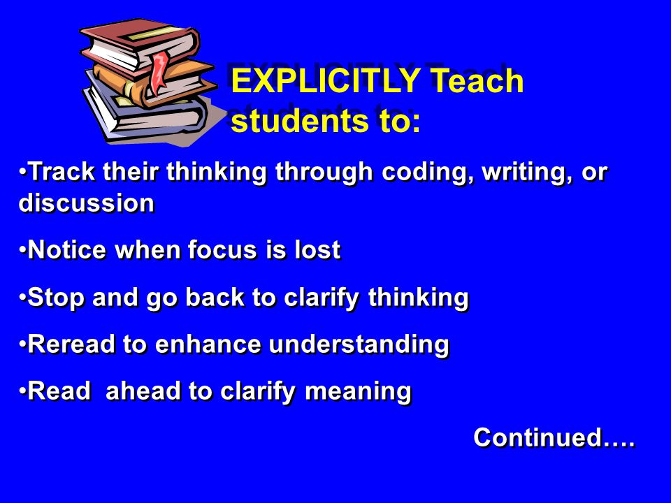 Track their thinking through coding, writing, or discussion Notice when focus is lost Stop and go back to clarify thinking Reread to enhance understanding Read ahead to clarify meaning Continued….