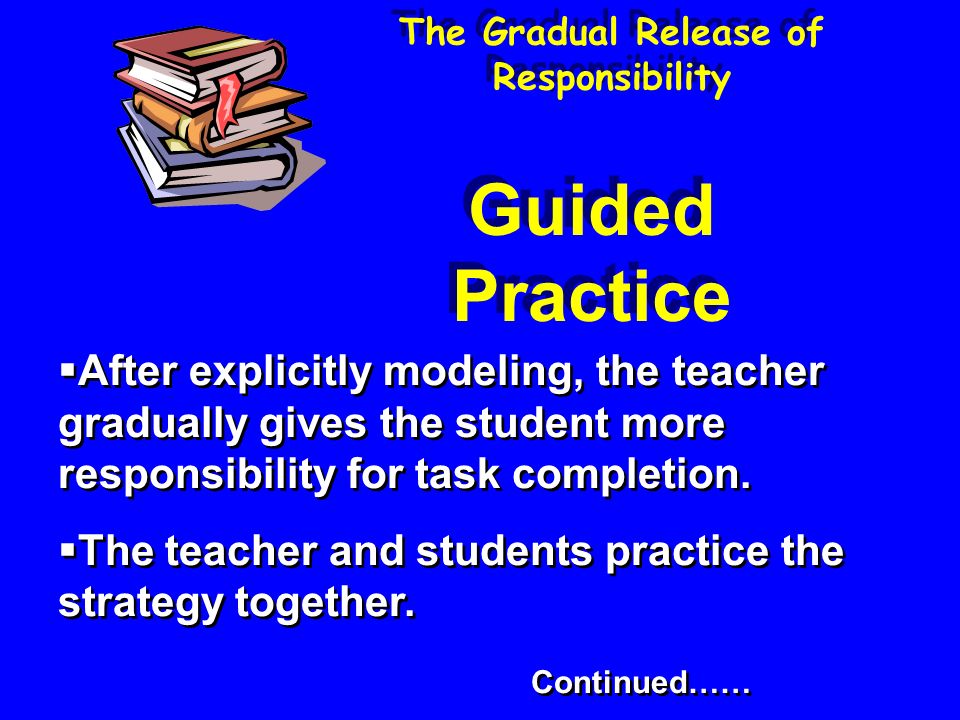 The Gradual Release of Responsibility  After explicitly modeling, the teacher gradually gives the student more responsibility for task completion.