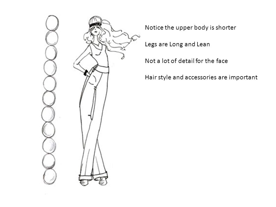 Notice the upper body is shorter Legs are Long and Lean Not a lot of detail for the face Hair style and accessories are important