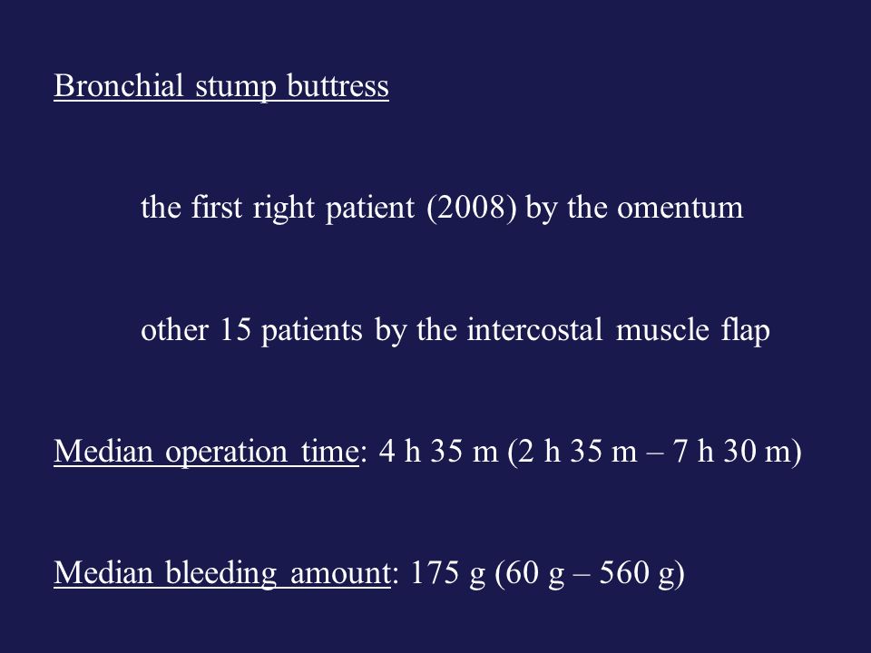 Bronchial stump buttress the first right patient (2008) by the omentum other 15 patients by the intercostal muscle flap Median operation time: 4 h 35 m (2 h 35 m – 7 h 30 m) Median bleeding amount: 175 g (60 g – 560 g)
